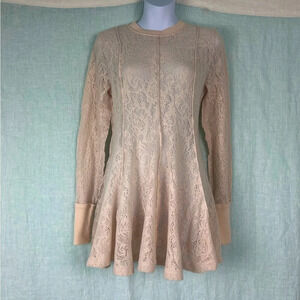 Free people tunic pullover cream knit lace crochet long sleeve mini dress XS